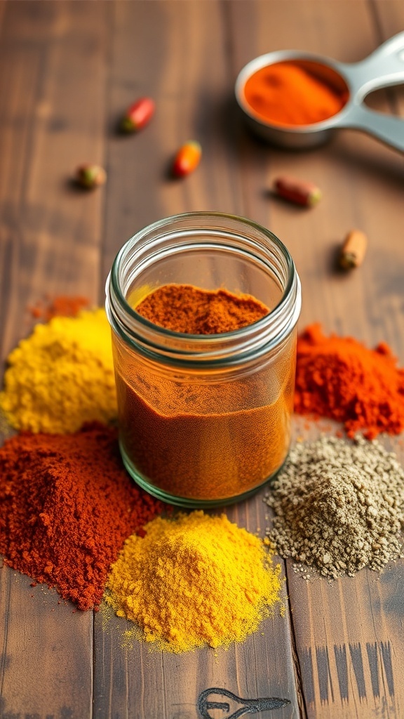A jar of homemade taco seasoning with spices on a wooden table.